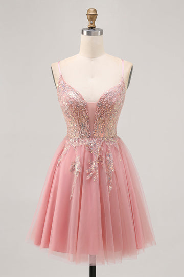 Sparkly Blush A-line Tulle Sequins Short Prom Dress with Lace Up Back